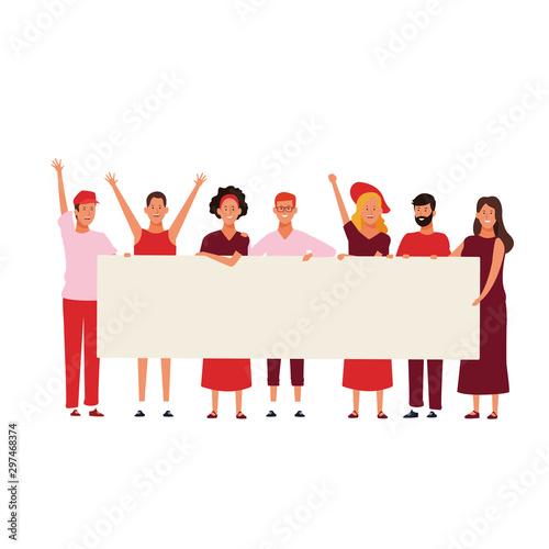 happy people stading and holding a blank placard