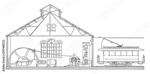 Trolly Station, vintage illustration.