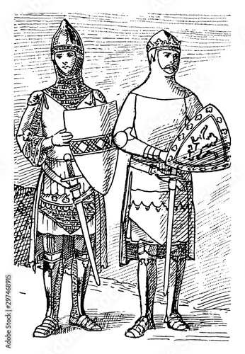 Sirs John de Creke and John of Eltham Wearing Armor, vintage illustration