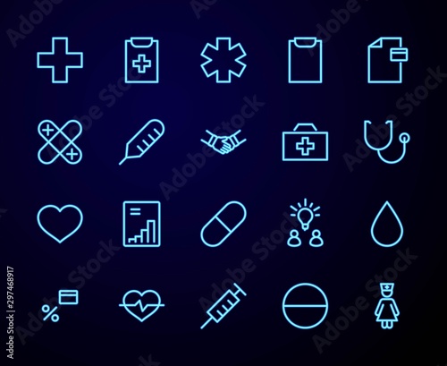 Set of Medicine vector line icons. It contains the first aid kit, nurse, syringe, thermometer, plastic, pills, heart, drop of blood, palpitation and much more. Editable Stroke. 32x32 pixels.