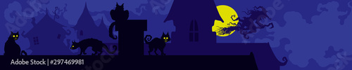 Cats'night banner/ Illustration background with cats, fable roofs, a witch and a moon