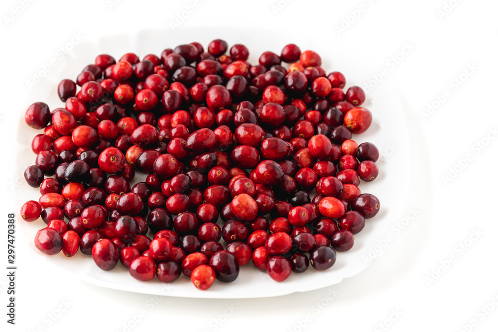 Cranberries. Close up of fresh, ripe, organic cranberries on a white plate with white background, isolated, copy space Cranberries. Close up of fresh, ripe, organic cranberries on a white plate with white background, isolated, copy space