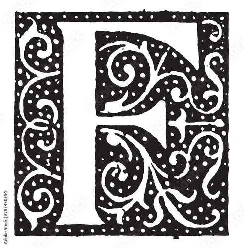 F, Ornate initial, vintage illustration