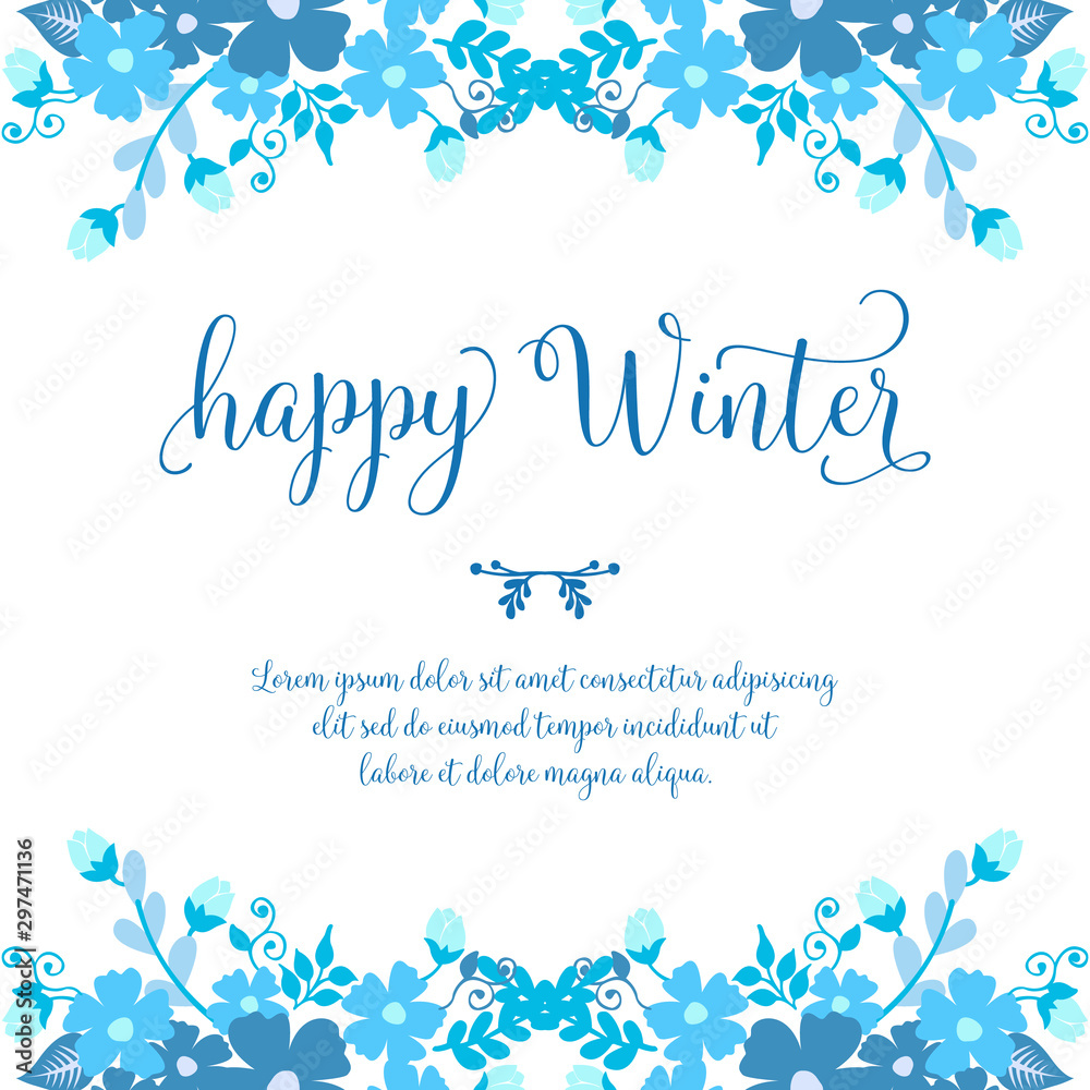 Template of card hello winter, with texture art of blue leaf floral frame. Vector Template of card hello winter, with texture art of blue leaf floral frame. Vector