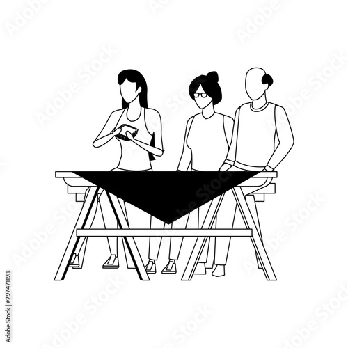 old couple and woman on picnic table icon, flat design