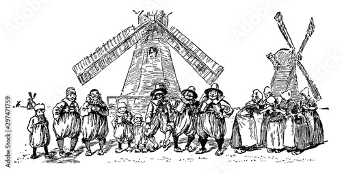 Group of Adults & Children Standing Near Windmills, vintage illustration
