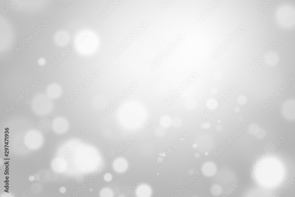 Silver light christmas background with white blur bokeh beautiful glow sparkle. Winter concept. Backdrop for ads, cosmetic, advertising design, beauty, promotion. Product display or montage