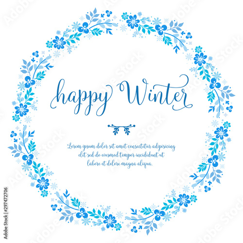 Design vintage for card happy winter, with sketch of blue leaf flower frame beautiful. Vector