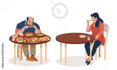 Weight loss concept. Hairless fat man with different delicious meals against fitness girl with cherry and water. Colorful vector illustration in flat cartoon style