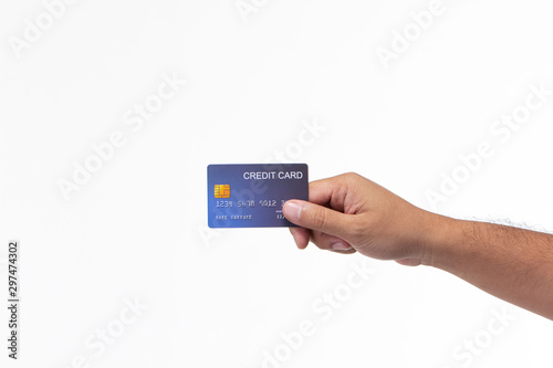 and holding credit card isolated on white background.(fake credit card)