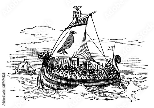 Norse Galley, vintage illustration.