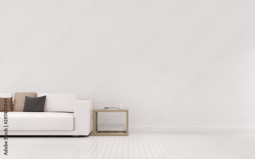 View of white living room in minimal style with sofa and small side table on laminate floor.Perspective of interior design. 3d rendering.	