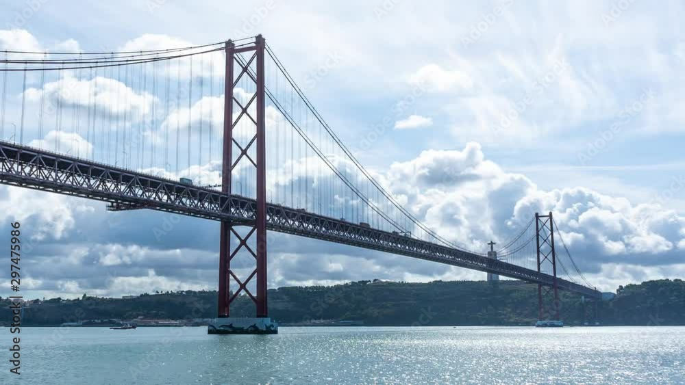 Timelapse of the 25th of April Bridge and the Tejo river in Lisbon, Portugal. Close up of the bridge on a cloudy day and massive sky movement. Timelapse of the 25th of April Bridge and the Tejo river in Lisbon, Portugal. Close up of the bridge on a cloudy day and massive sky movement.