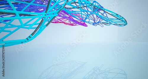 Abstract wire smooth architectural white interior with color gradient and black with large windows. 3D illustration and rendering.