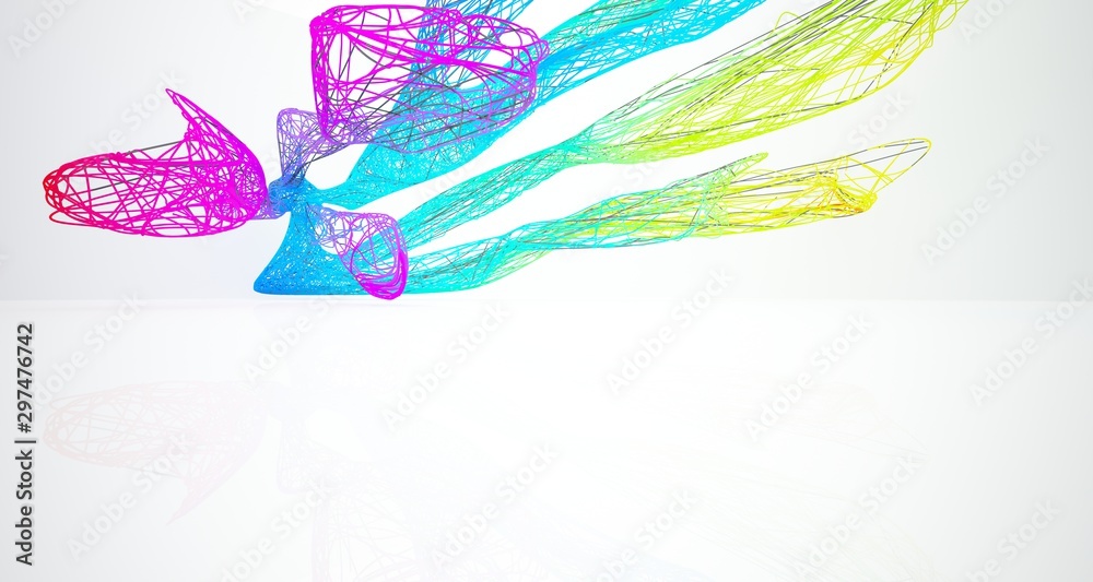 Fototapeta premium Abstract wire smooth architectural white interior with color gradient and black with large windows. 3D illustration and rendering.