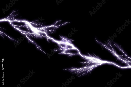 Thunder lightning bolts isolated on black background, abstract electric concept