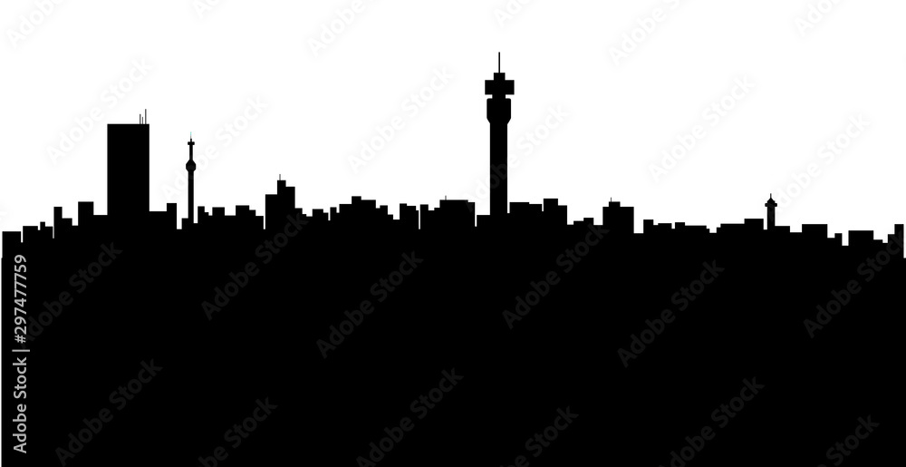Obraz premium Ilustracja sylwetki Johannesburga w RPA w kolorze czarnym na białym tle.