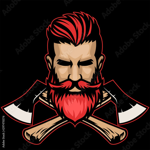 bearded hipster lumberjack head with crossed axes photo