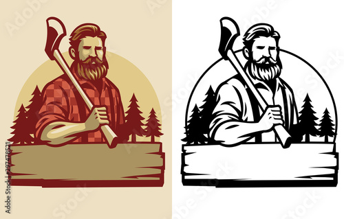bearded lumberjack mascot hold the axe photo