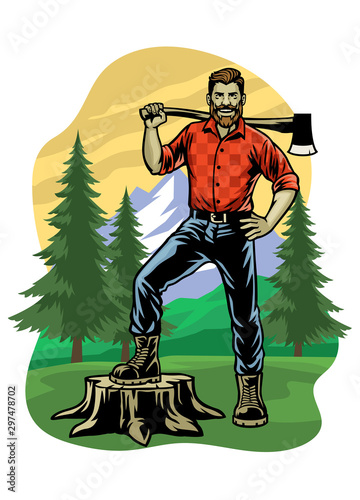 lumberjack pose on the logging forest