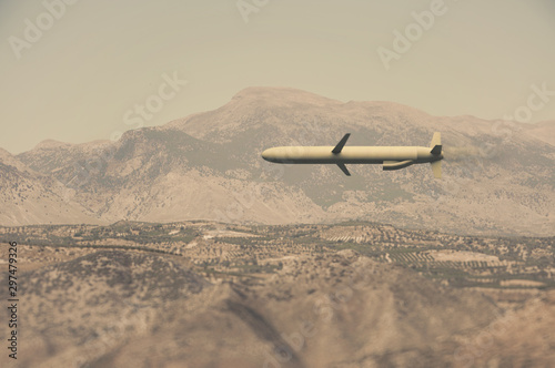 Military cruise missile flies over the mountains. . 3d illustration.