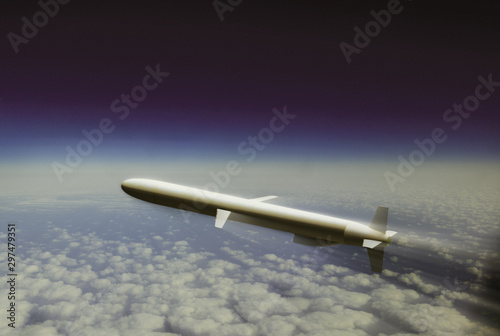 Military cruise missile flies over the clouds. 3d illustration.