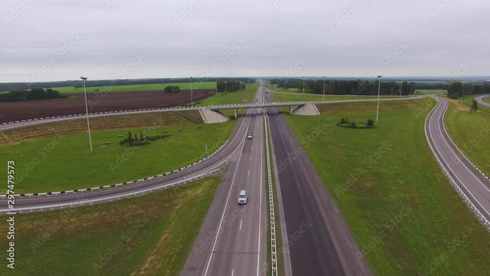Aerial view A drone flies over a new road junction Aerial view A drone flies over a new road junction