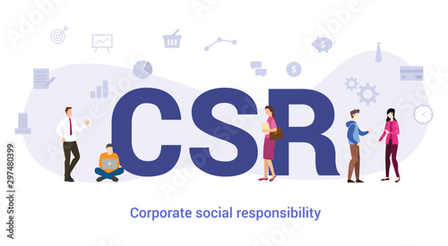 csr corporate social responsibility concept with big word or text and team people with modern flat style - vector photo