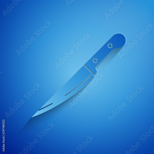Paper cut Knife icon isolated on blue background. Cutlery symbol. Paper art style. Vector Illustration