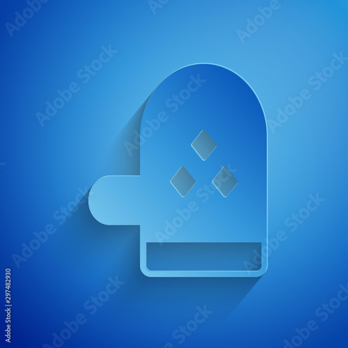 Paper cut Oven glove icon isolated on blue background. Kitchen potholder sign. Cooking glove. Paper art style. Vector Illustration