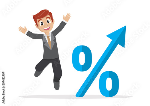 happy businessman getting up percent of business income.