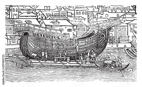 Ship Building, vintage illustration.