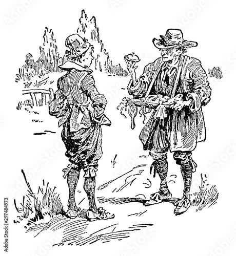 Elderly Man Selling Trinkets to Young Man, vintage illustration