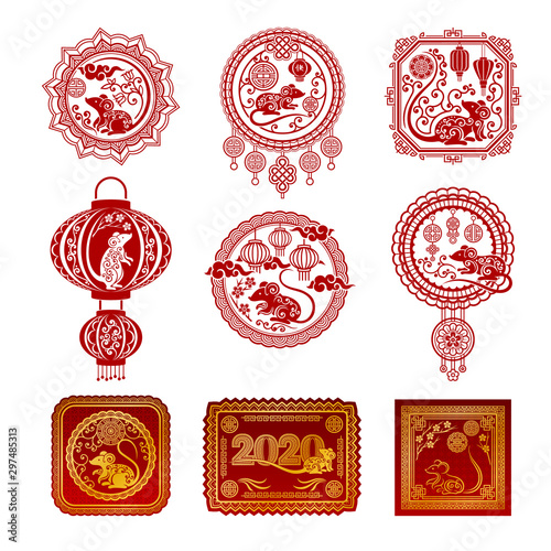 Set of red pictures in the Chinese style with the symbols of the New Year. Vector illustration.