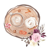 Watercolor illustration with winter composition, coffee, cakes and candy, isolate don white background