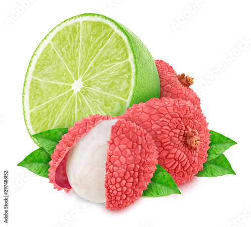 Composition with lime and lychee isolated on a white background with clipping path. Variation on a Mojito theme.