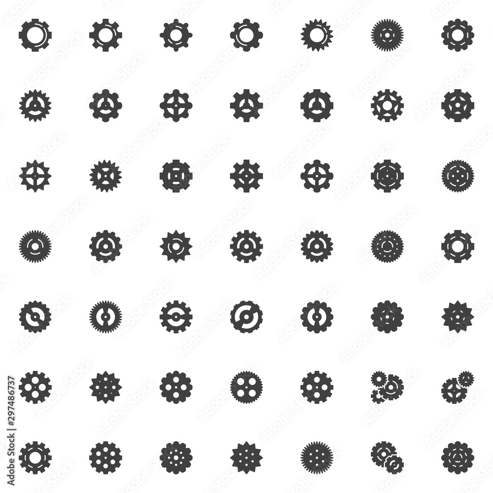 Gear vector icons set, modern solid symbol collection, filled style pictogram pack. Signs, logo illustration. Set includes icons as cogwheel, cog mechanism, setting gear, wheel, configuration