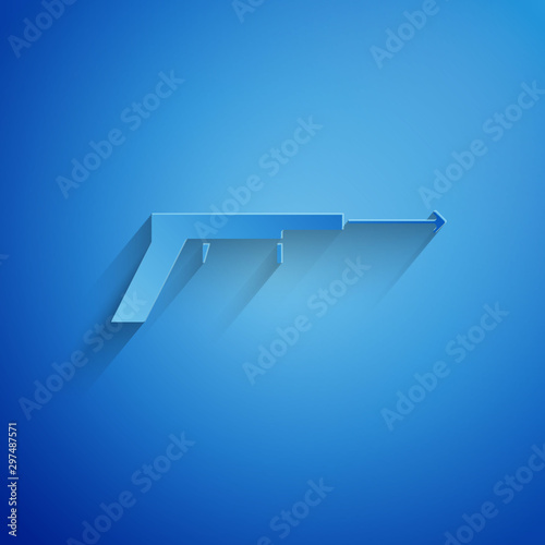 Paper cut Fishing harpoon icon isolated on blue background. Fishery manufacturers for catching fish under water. Diving underwater equipment. Paper art style. Vector Illustration