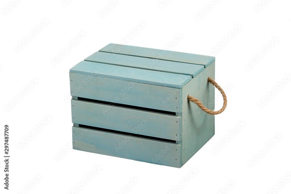 Wooden box with a lid on a white background. Turquoise storage box Wooden box with a lid on a white background. Turquoise storage box