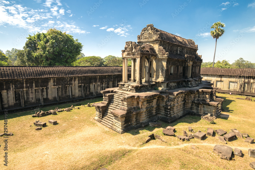 Ancient Khmer architecture in the morning. Panorama view of temple at Angkor Wat complex, Siem Reap, Cambodia