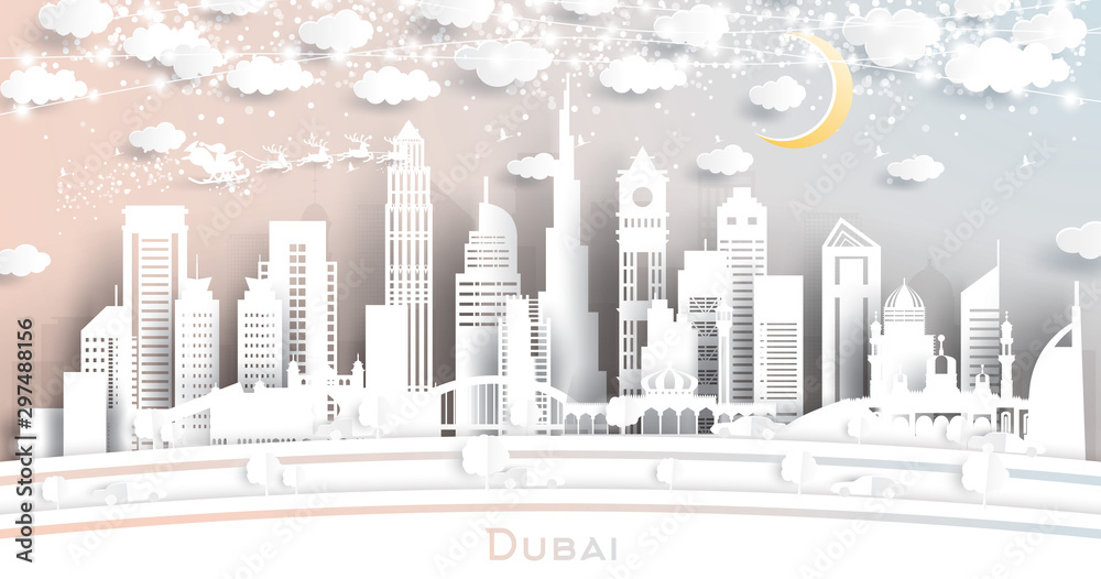 Dubai UAE City Skyline in Paper Cut Style with Snowflakes, Moon and Neon Garland.