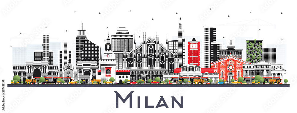 Fototapeta premium Mediolan Włochy panoramę miasta z budynków kolor na białym tle.