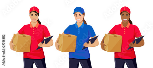 Set of young delivery women: Asian, European, African American. Smiling female courier wearing t-shirt and cap holding box and clipboard. Front view. Vector illustration isolated on white background.