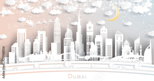 Dubai UAE City Skyline in Paper Cut Style with Snowflakes, Moon and Neon Garland.