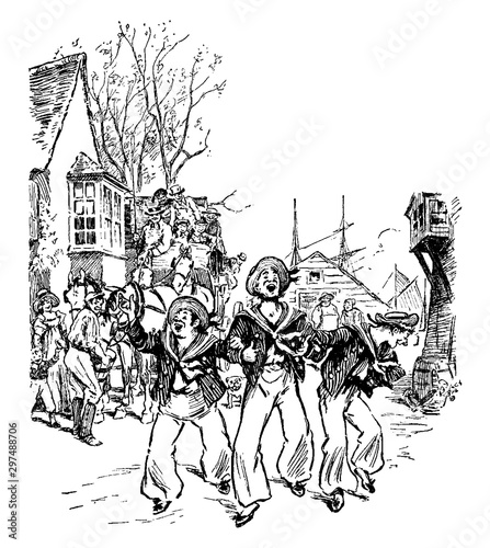 Photo Three Sailors Singing & Walking Down Street, vintage illustration