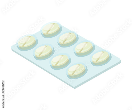 Round white pills in a blister pack. Vector illustration on a white background.