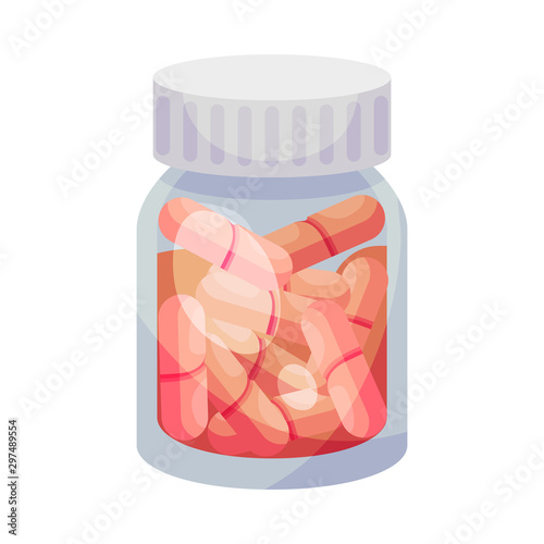 Small jar with red pills. Vector illustration on a white background.