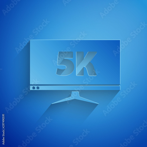 Paper cut Computer PC monitor display with 5k video technology icon isolated on blue background. Paper art style. Vector Illustration