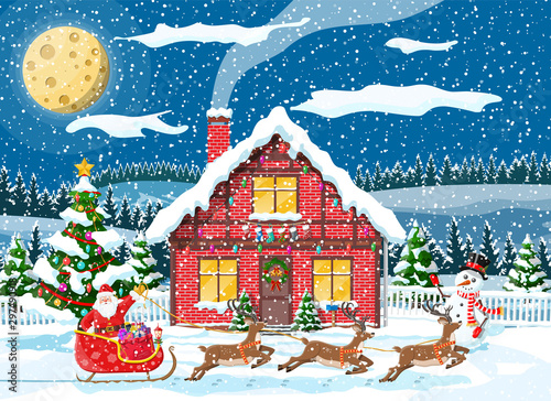 Suburban house covered snow. Building in holiday ornament. Christmas landscape tree, snowman, santa sleigh reindeers. New year decoration. Merry christmas holiday xmas celebration. Vector illustration