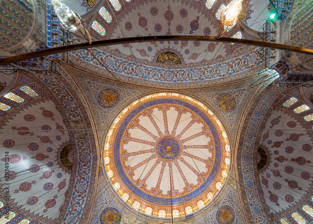 Decorated ceiling at Sultan Ahmed Mosque - Blue Mosque - showing the main big dome, Istanbul, Turkey